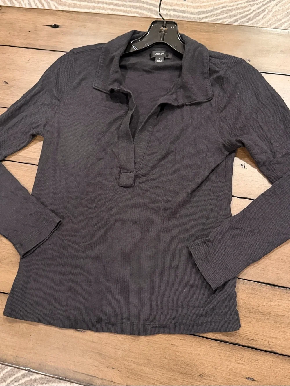 J. Crew Women's Soft Long-Sleeve Ribbed Black Polo T Shirt V-Neck Top #447